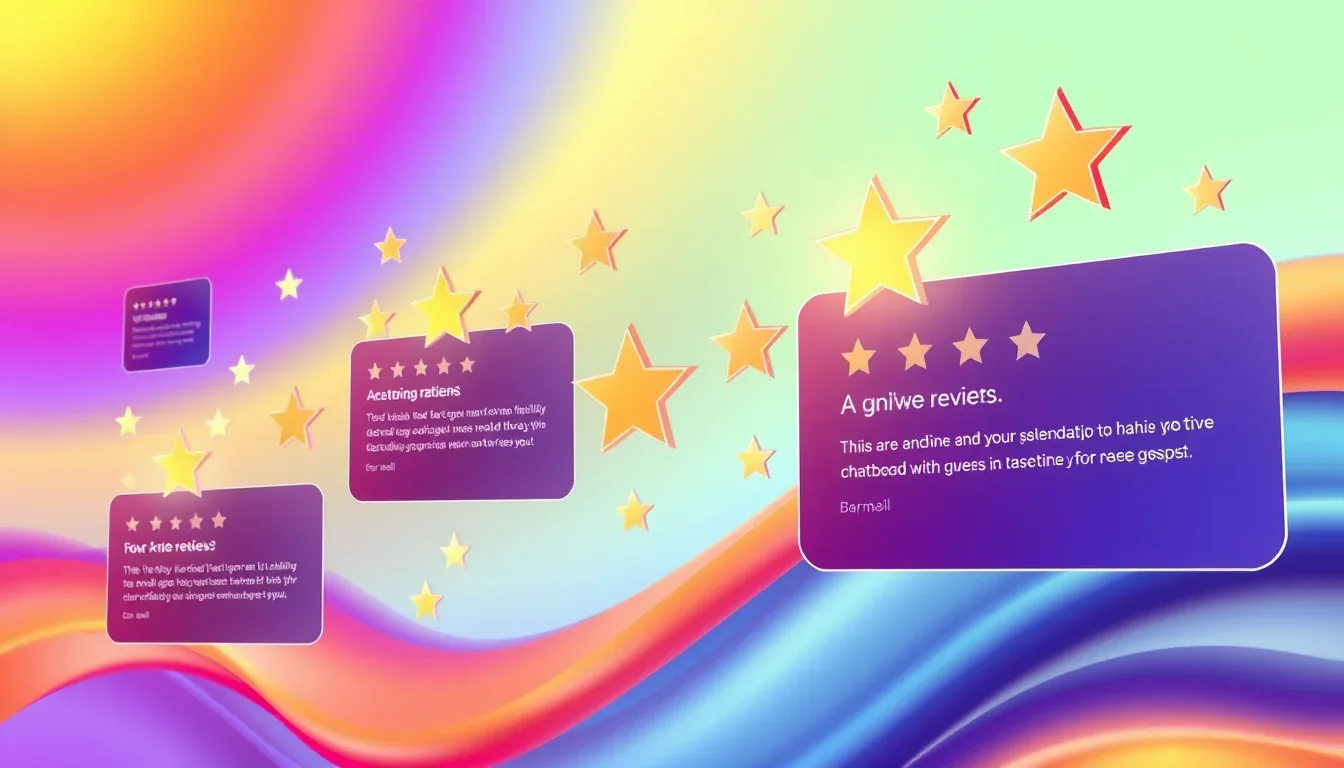 Colorful illustration of review cards and five-point stars representing Shopify merchant feedback