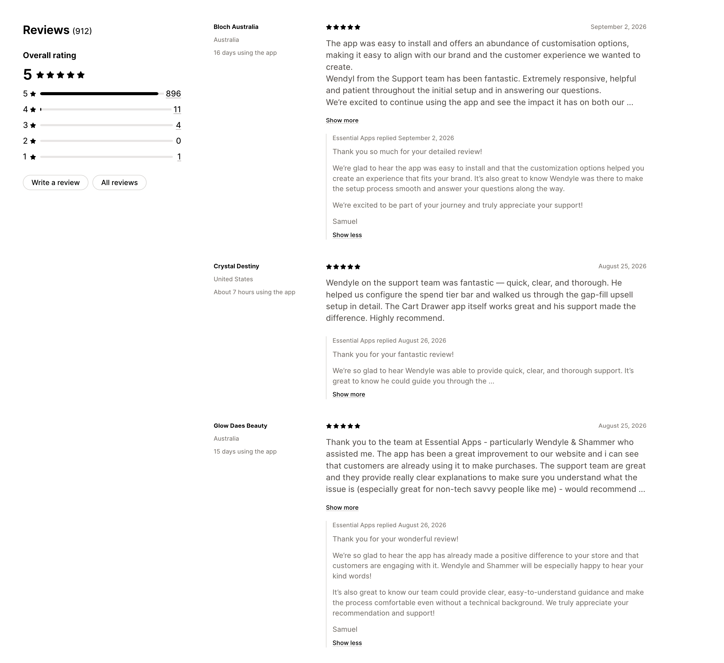 Shopify App Store reviews page showing a five-star overall rating and featured reviews from Bloch Australia, Crystal Destiny, and Glow Daes Beauty
