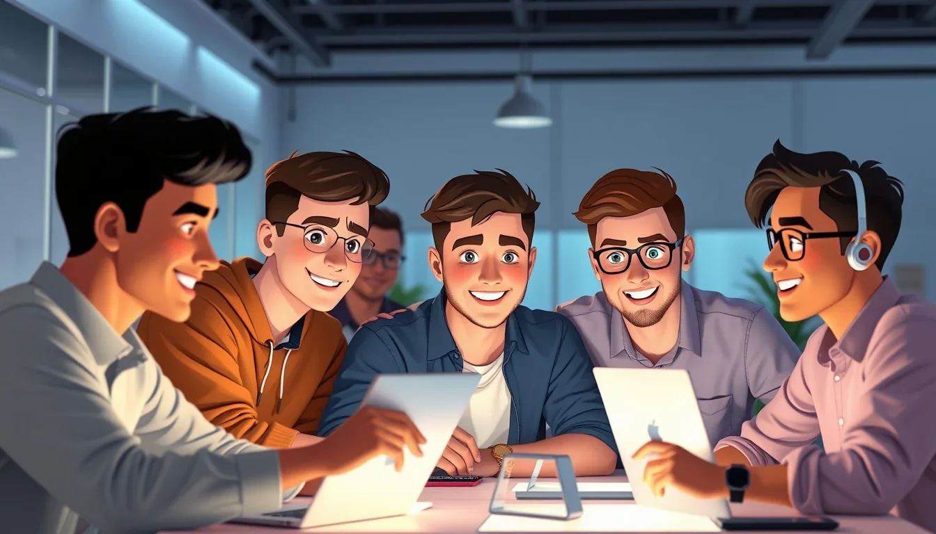 Illustration of a technical support team collaborating around laptops and tablets