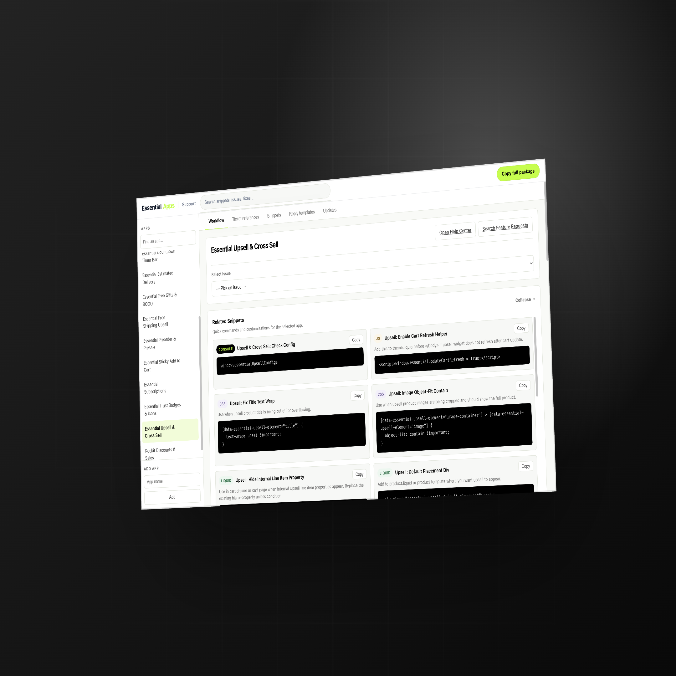 Essential Apps Support Guide v2 dashboard showing app-specific support resources and reusable code snippets