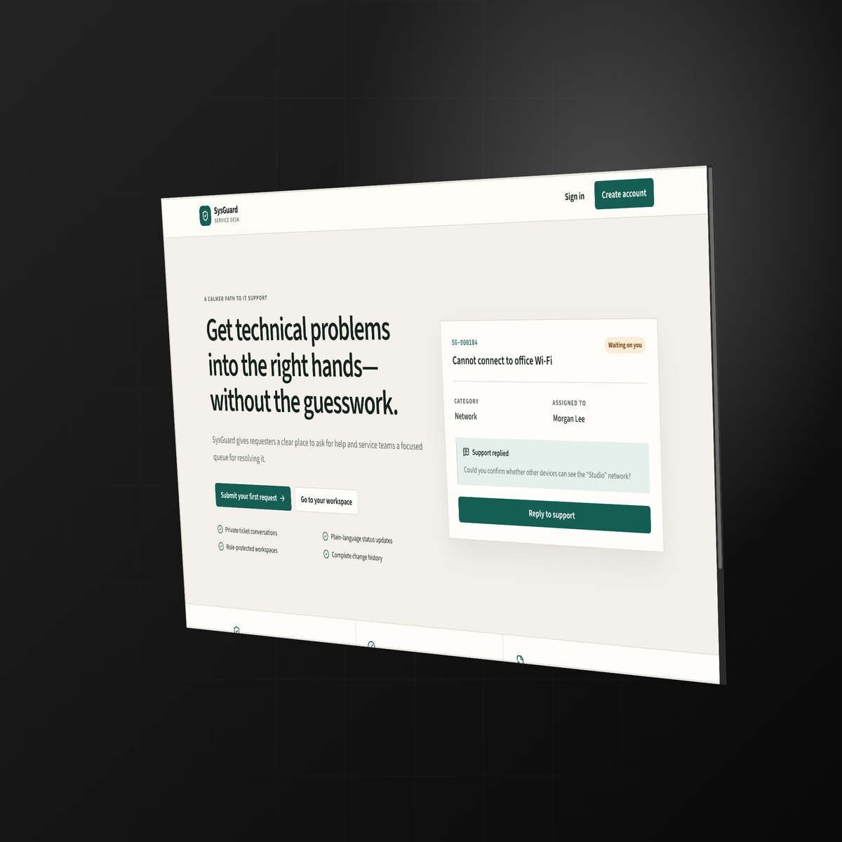 Angled screenshot of the modern SysGuard landing page with requester actions and a support ticket preview