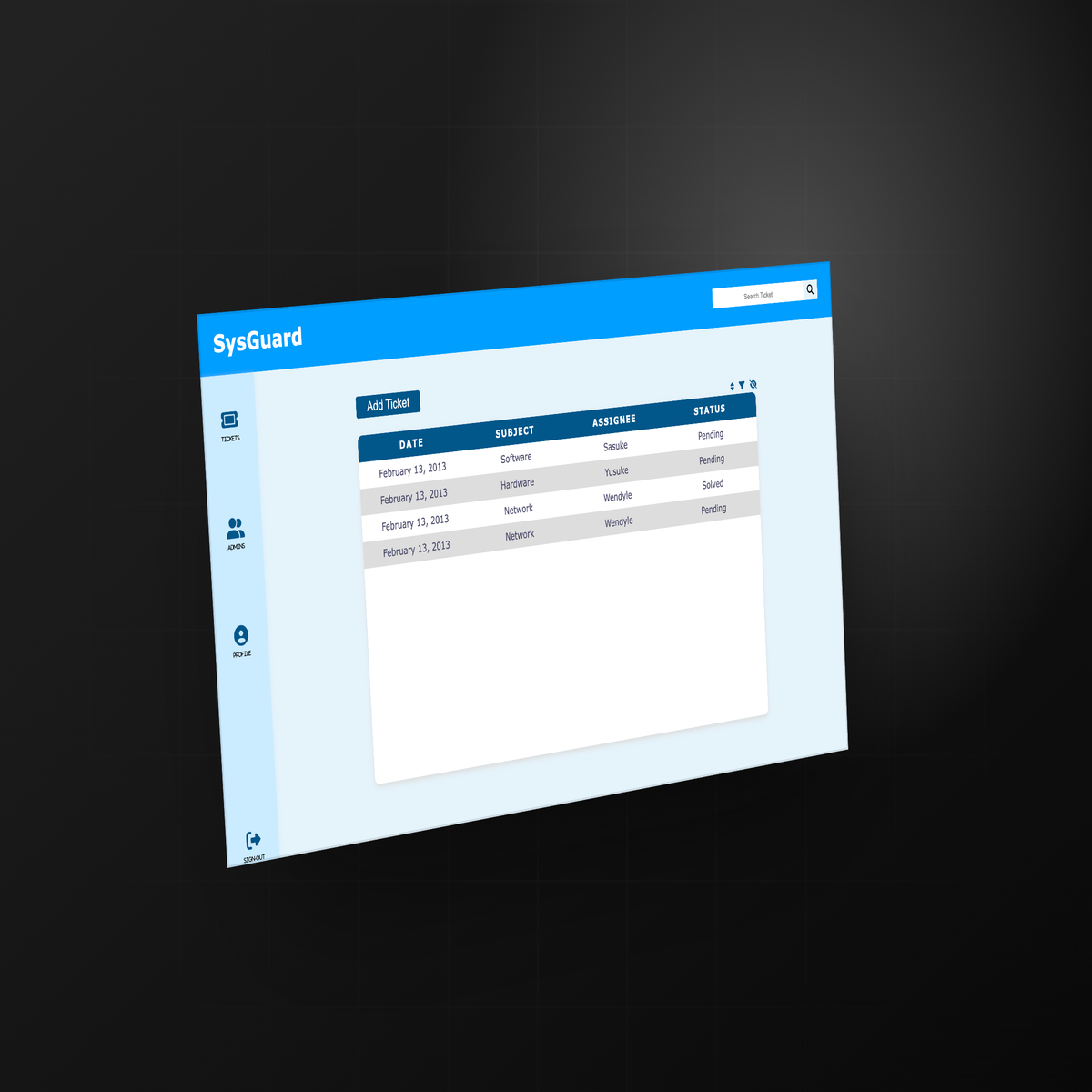 Angled screenshot of the original blue SysGuard ticket dashboard with a ticket table and sidebar navigation