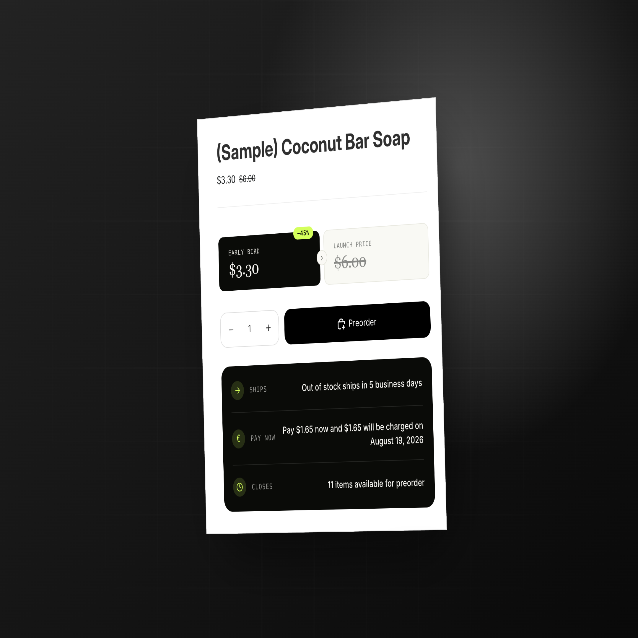 Preorder pricing and campaign information widgets displayed on a Shopify product page