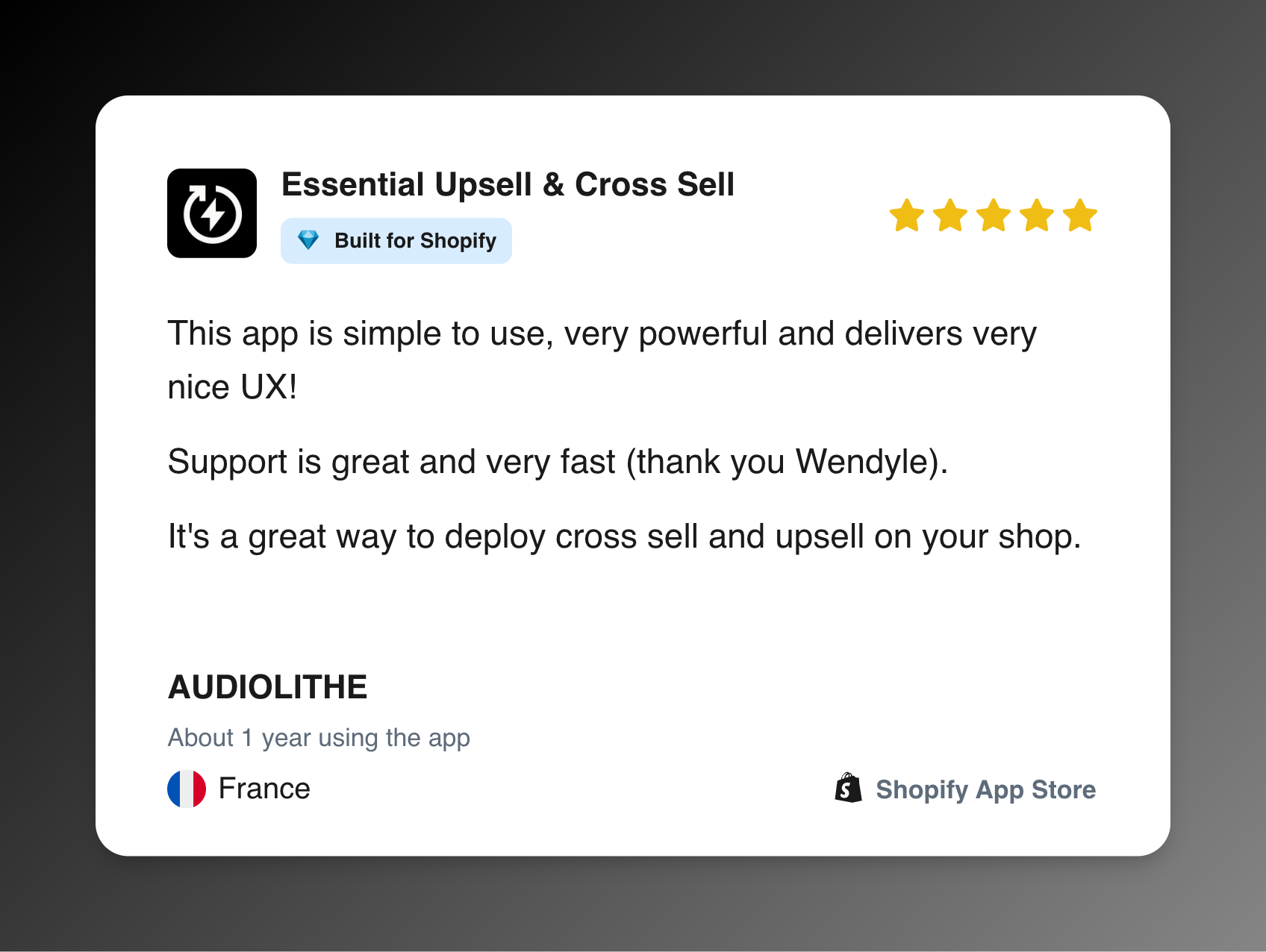 Five-star Shopify App Store review from Audiolithe for Essential Upsell and Cross Sell