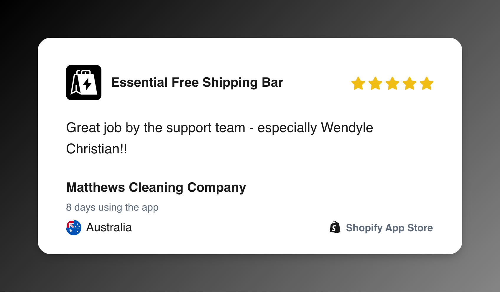 Five-star Shopify App Store review from Matthews Cleaning Company for Essential Free Shipping Bar