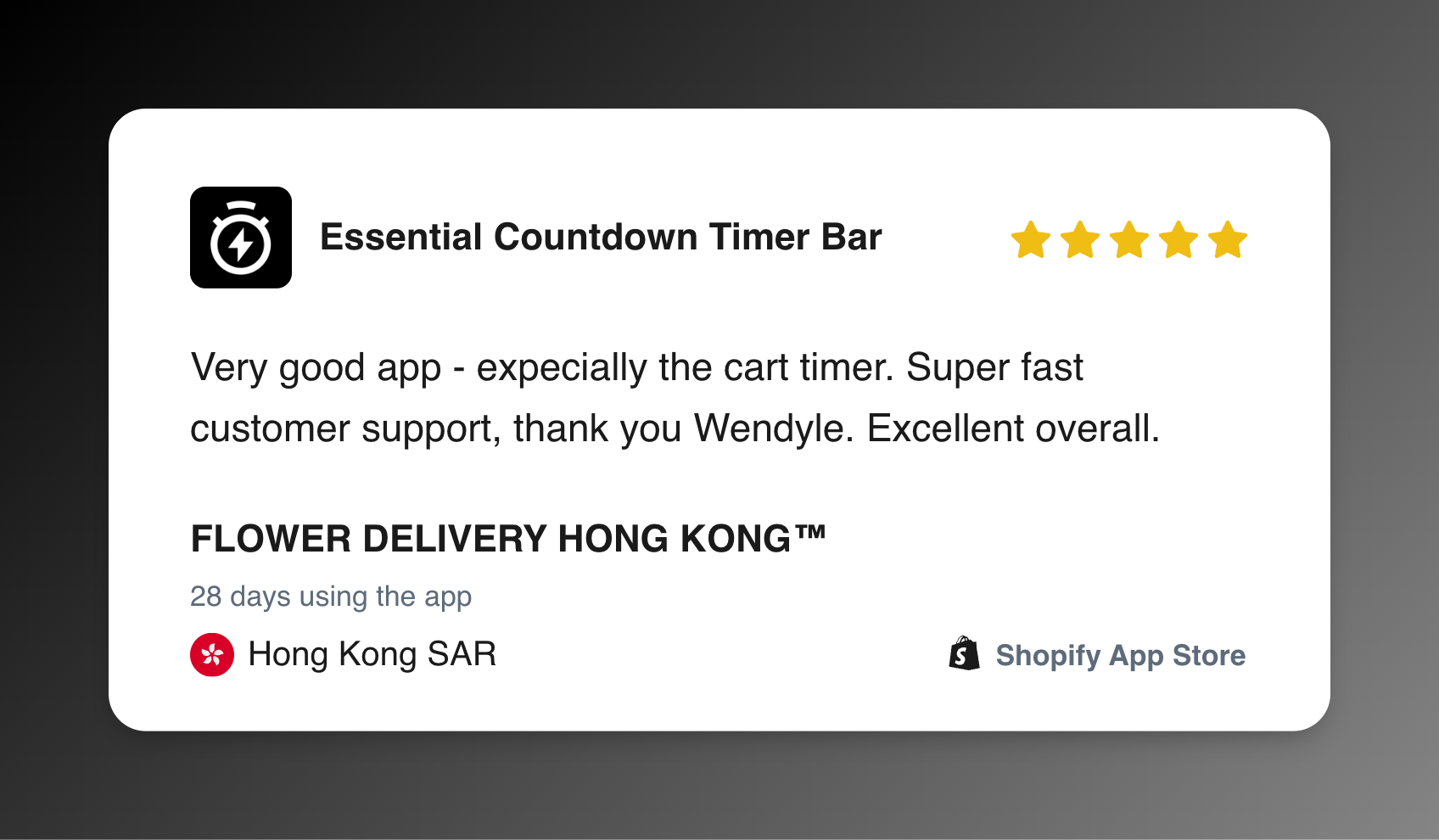 Five-star Shopify App Store review from Flower Delivery Hong Kong for Essential Countdown Timer Bar