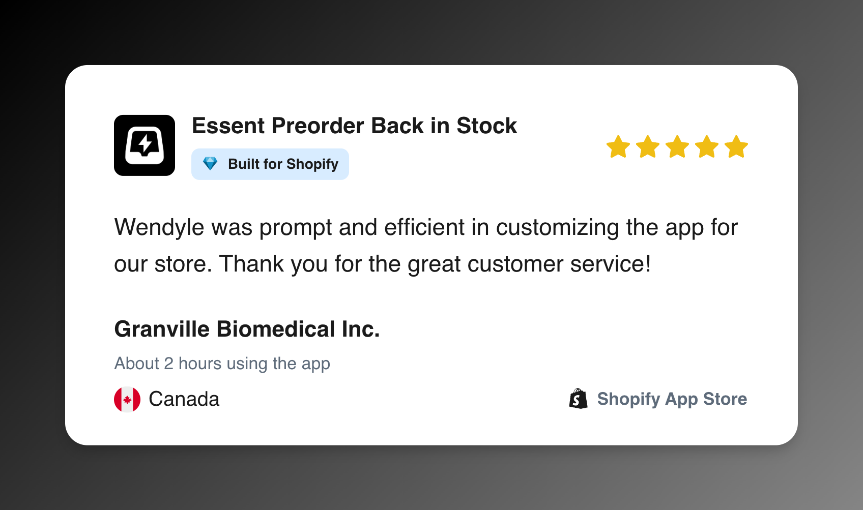 Five-star Shopify App Store review from Granville Biomedical for Essent Preorder Back in Stock