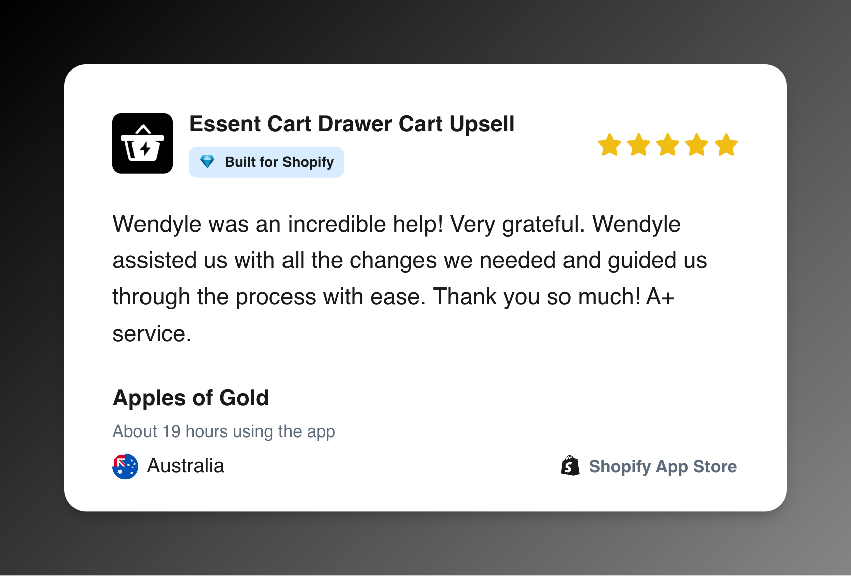 Five-star Shopify App Store review from Apples of Gold for Essent Cart Drawer Cart Upsell