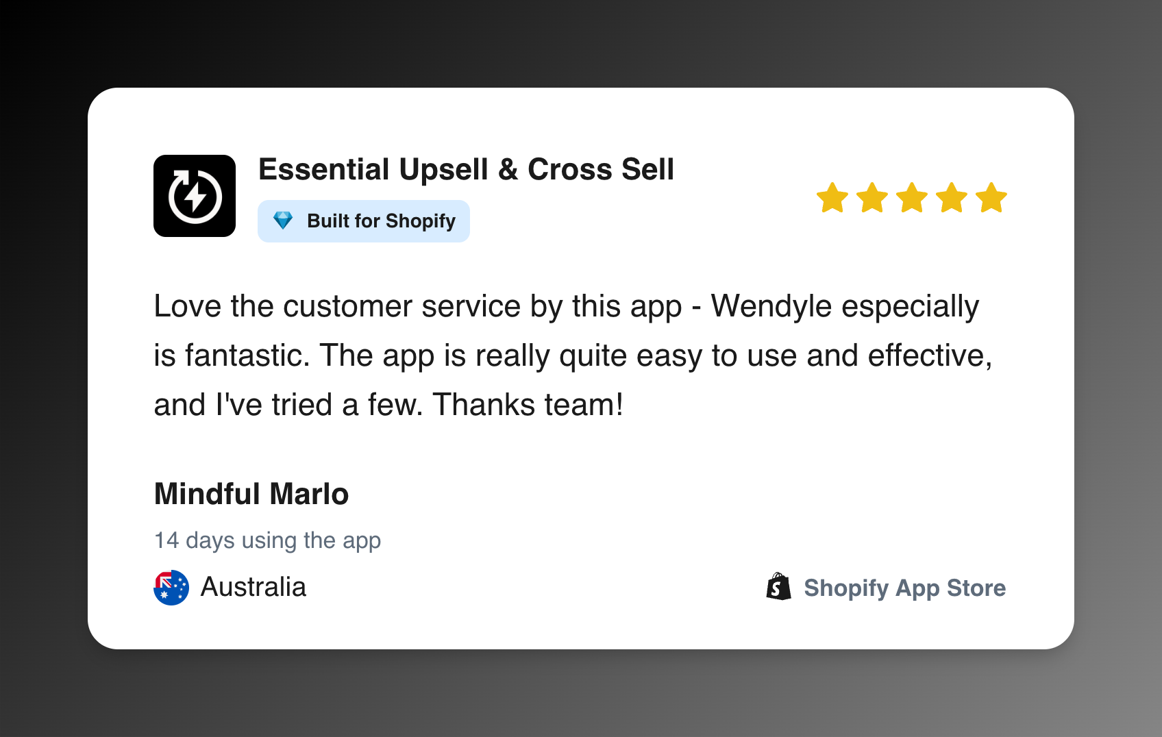 Five-star Shopify App Store review from Mindful Marlo for Essential Upsell and Cross Sell